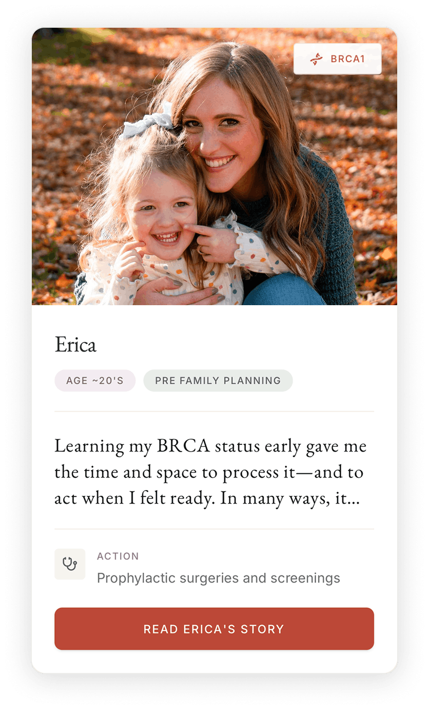 Erica's BRCA story and personalized care profile on MOTA